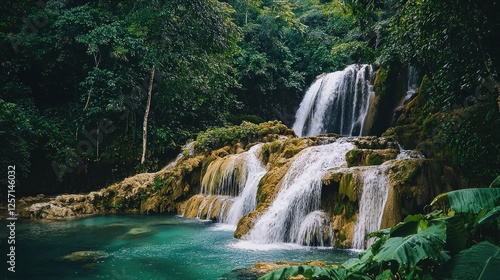 A cascading waterfall surrounded by lush greenery and moss-covered rocks.