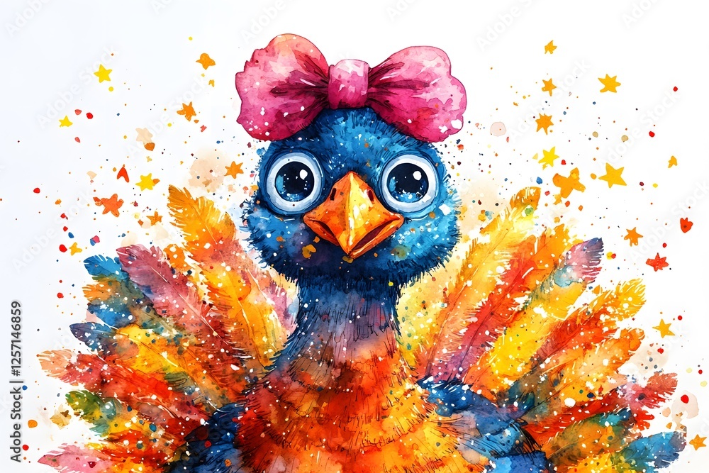 Naklejka premium Blue Bird with Bow in Splash of Colors