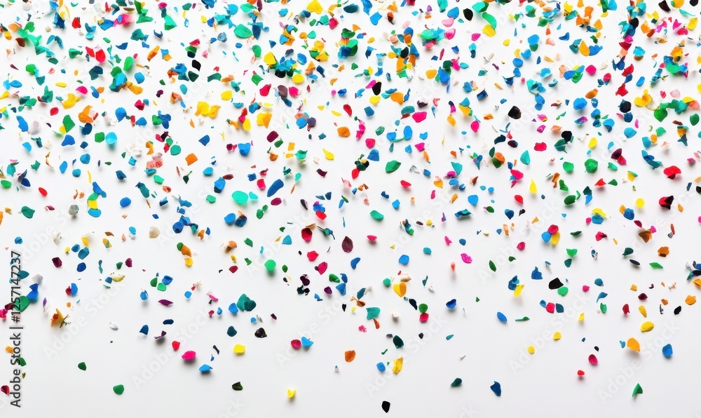 Colorful confetti scattered on white background, celebration, party, festive Colorful confetti scattered on white background, celebration, party, festive