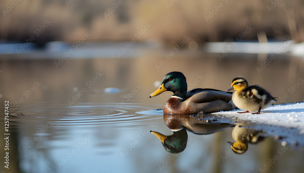 Mallard duck and cute duckling swimming in peaceful water with ripples Mallard duck and cute duckling swimming in peaceful water with ripples