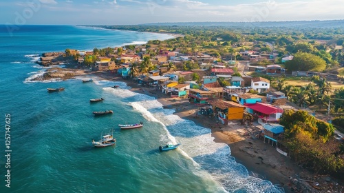 Fototapeta Naklejka Na Ścianę i Meble -  Coastal Town with Colorful Houses by the Beach, Fishing Boats Docked Nearby in Scenic Setting