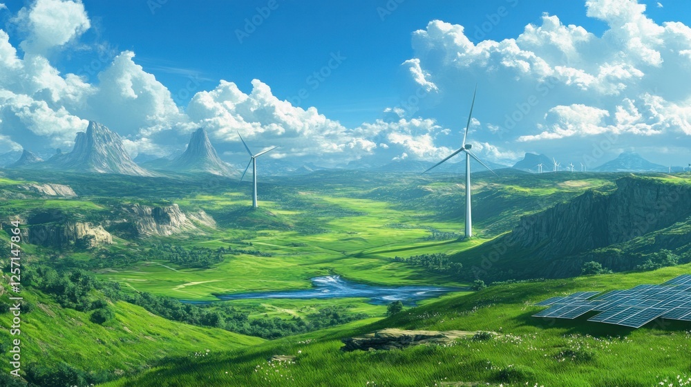 Green rolling hills and valleys with wind turbines and solar panels