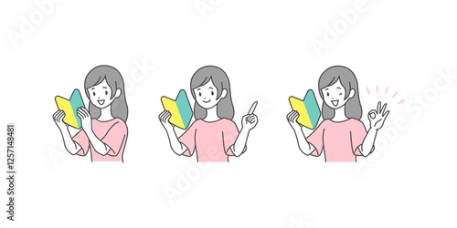 イラスト素材:初心者マークを持つ女性バリエーションイラストセット