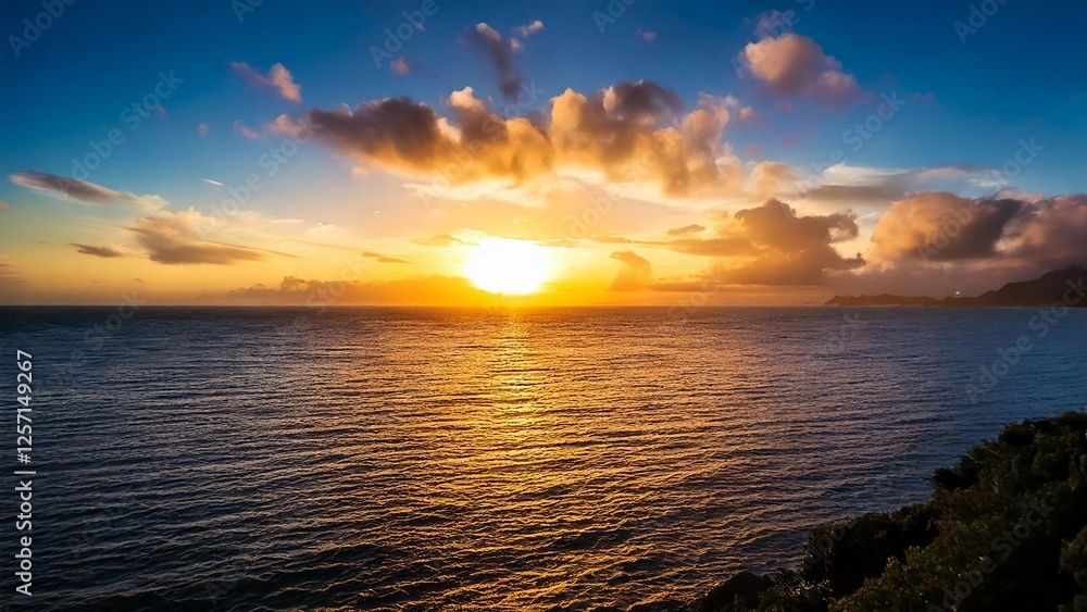 Fototapeta premium 広々とした真夏の夕焼け 空と海 背景素材 チラシ・バナー・動画素材 AI生成素材