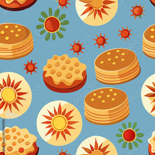 Seamless Maslenitsa pattern with sunflowers and pancakes