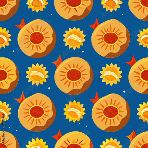 Seamless Maslenitsa pattern with sunflowers and pancakes