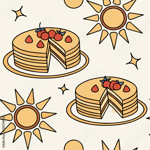 Seamless Maslenitsa pattern with sunflowers and pancakes