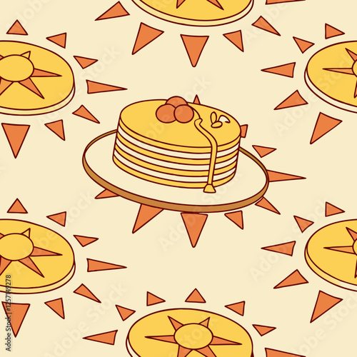 Seamless Maslenitsa pattern with sunflowers and pancakes