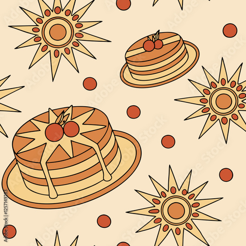 Seamless Maslenitsa pattern with sunflowers and pancakes