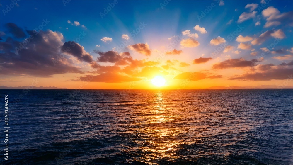 Obraz premium 広々とした真夏の夕焼け 空と海 背景素材 チラシ・バナー・動画素材 AI生成素材