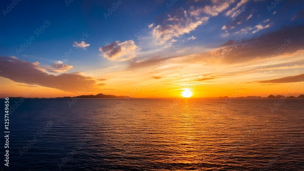 Obraz premium 広々とした真夏の夕焼け 空と海 背景素材 チラシ・バナー・動画素材 AI生成素材