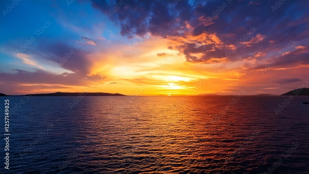 Fototapeta premium 広々とした真夏の夕焼け 空と海 背景素材 チラシ・バナー・動画素材 AI生成素材