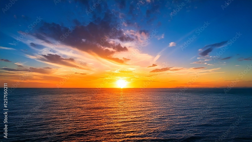 Obraz premium 広々とした真夏の夕焼け 空と海 背景素材 チラシ・バナー・動画素材 AI生成素材