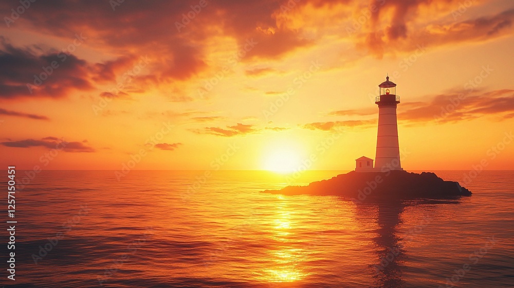 Vibrant Orange Sunset Behind White Lighthouse Over Calm Water Vibrant Orange Sunset Behind White Lighthouse Over Calm Water