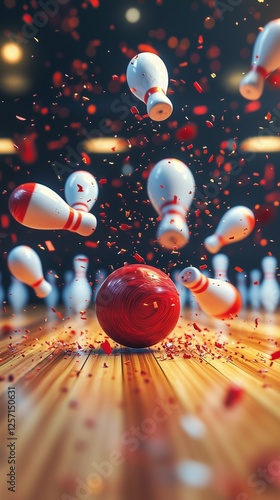 Bowling ball crashing into pins with vivid motion and scattering debris.