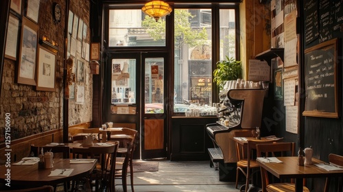 A quaint caf with vintage decor, an old-fashioned espresso machine, and handwritten menu boards.