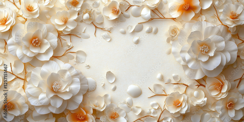 Elegant floral arrangement with cream and peach paper flowers, delicate petals, and branches on soft background, creating serene and inviting atmosphere Elegant floral arrangement with cream and peach paper flowers, delicate petals, and branches on soft background, creating serene and inviting atmosphere