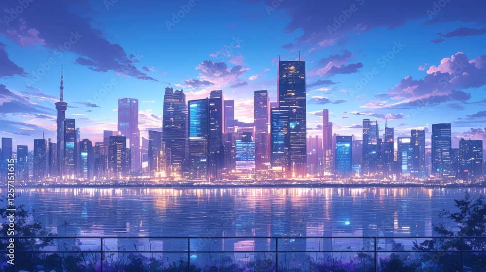 Obraz premium Abstract city skyline at night with glowing lights. Featuring skyscrapers and city reflections. Emphasizing urban beauty and nightlife. Ideal for cityscape and travel designs.