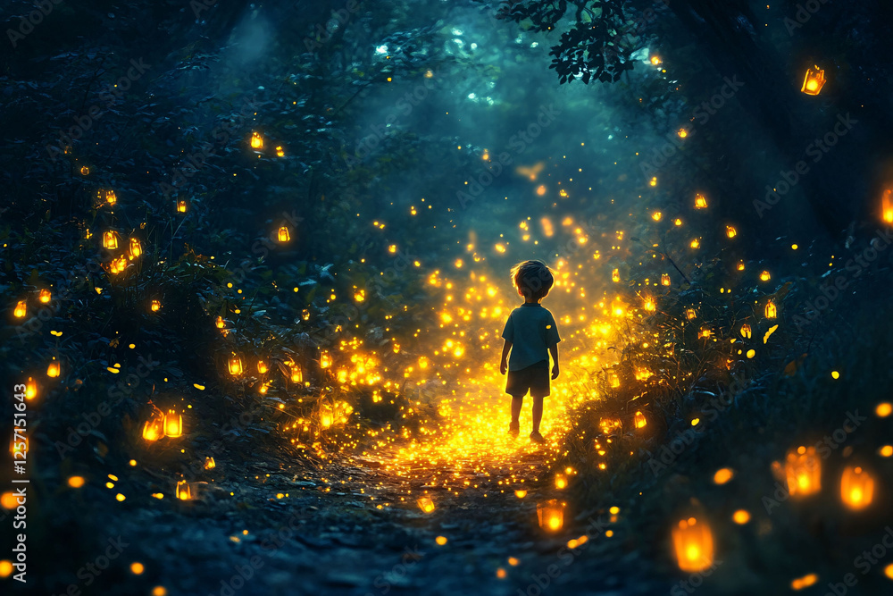 Child Walks Enchanted Forest Path Lit By Lanterns Child Walks Enchanted Forest Path Lit By Lanterns