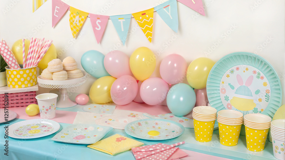 Fototapeta premium A vibrant arrangement of Easter party supplies, including balloons, streamers, paper plates, and napkins in pastel colors.