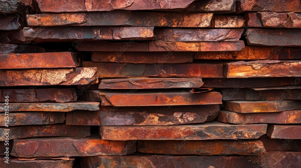 Stacked rusty red and brown stone slabs. Stacked rusty red and brown stone slabs.