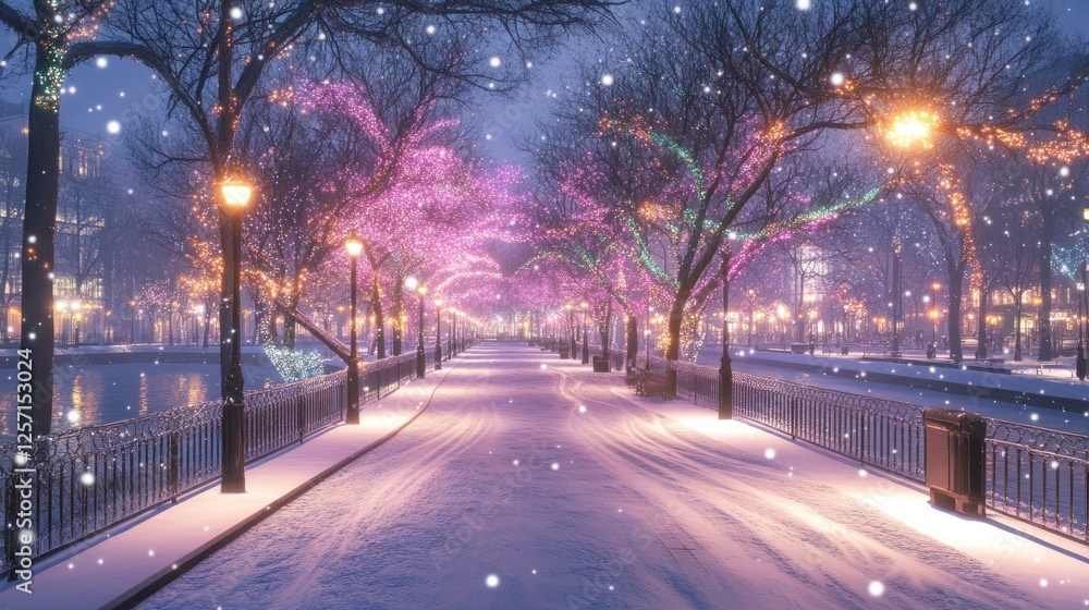 Snowy path with colorful lights and falling snow at night. Snowy path with colorful lights and falling snow at night.