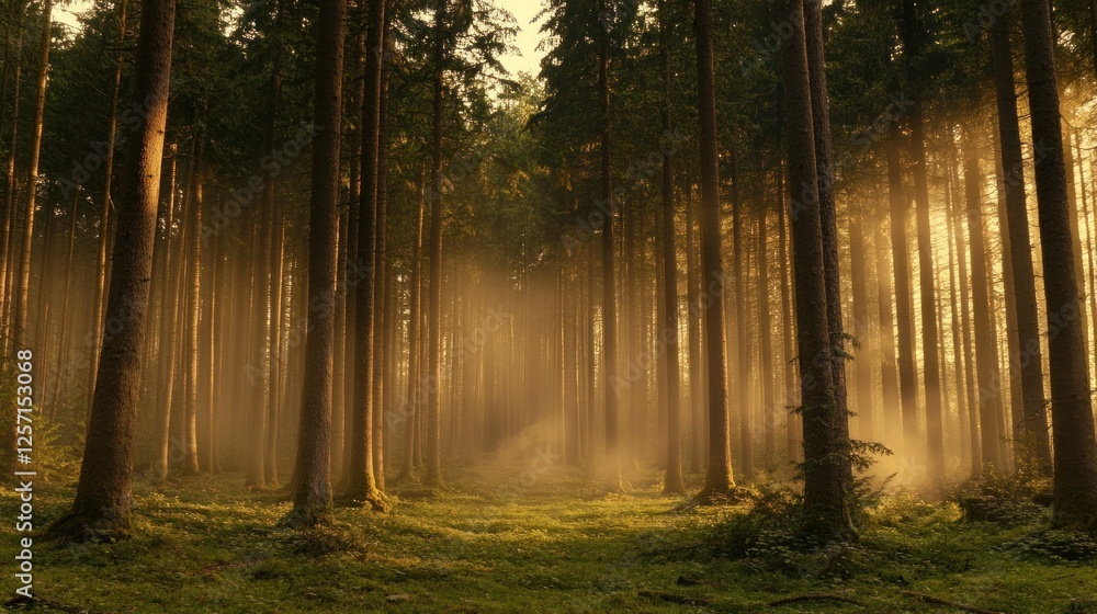 Obraz premium Sun shining through a dense forest creates a serene view