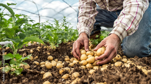 A man is holding a bunch of potatoes in his hands