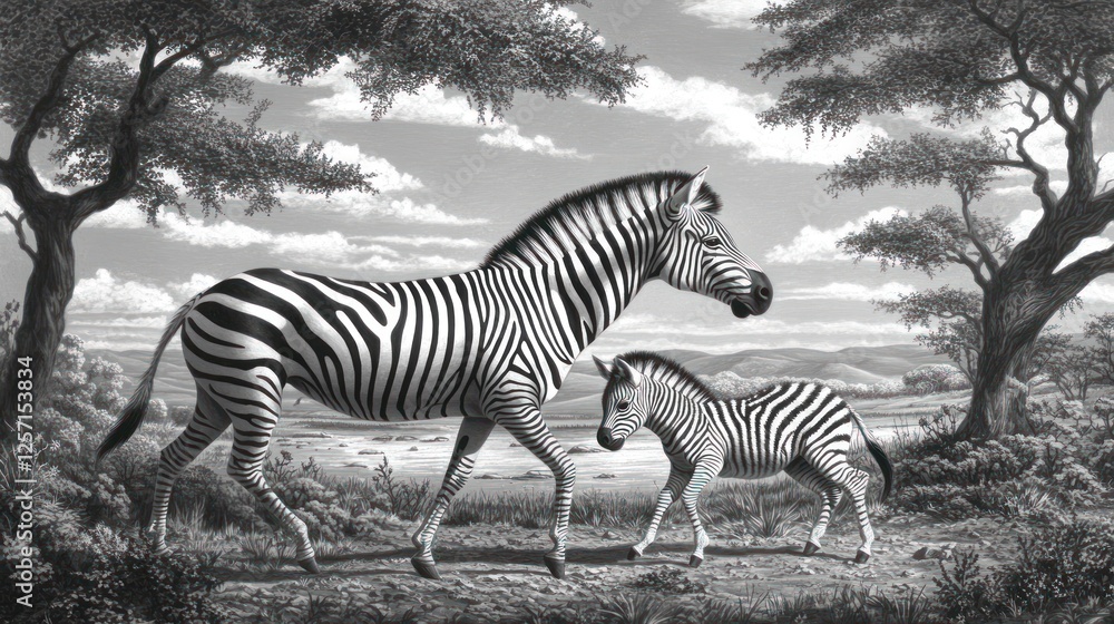 Fototapeta premium Two zebras walking in the african savannah landscape