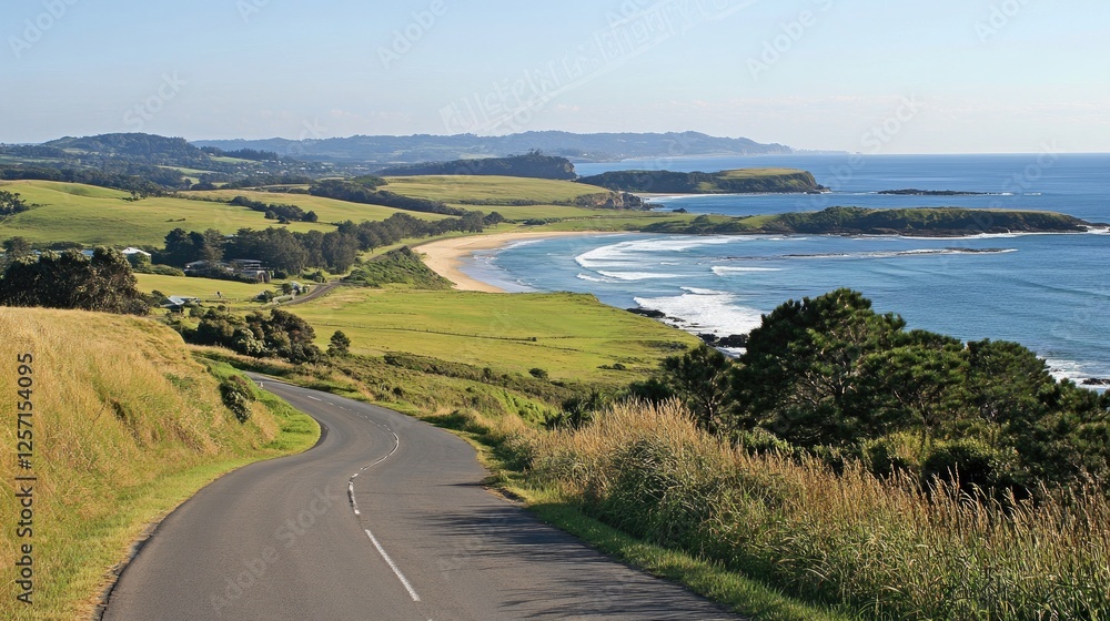 A scenic coastal road winding along a stunning beachside with breathtaking ocean views. A scenic coastal road winding along a stunning beachside with breathtaking ocean views.