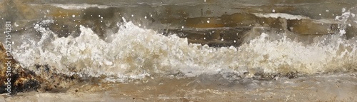 An expressive painting depicts ocean waves crashing onto the shore