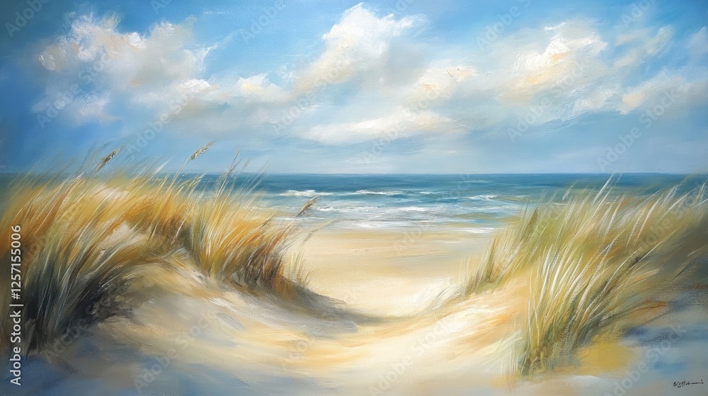 A serene beachside view with tall seagrass swaying in the breeze, golden dunes in the background. A serene beachside view with tall seagrass swaying in the breeze, golden dunes in the background.