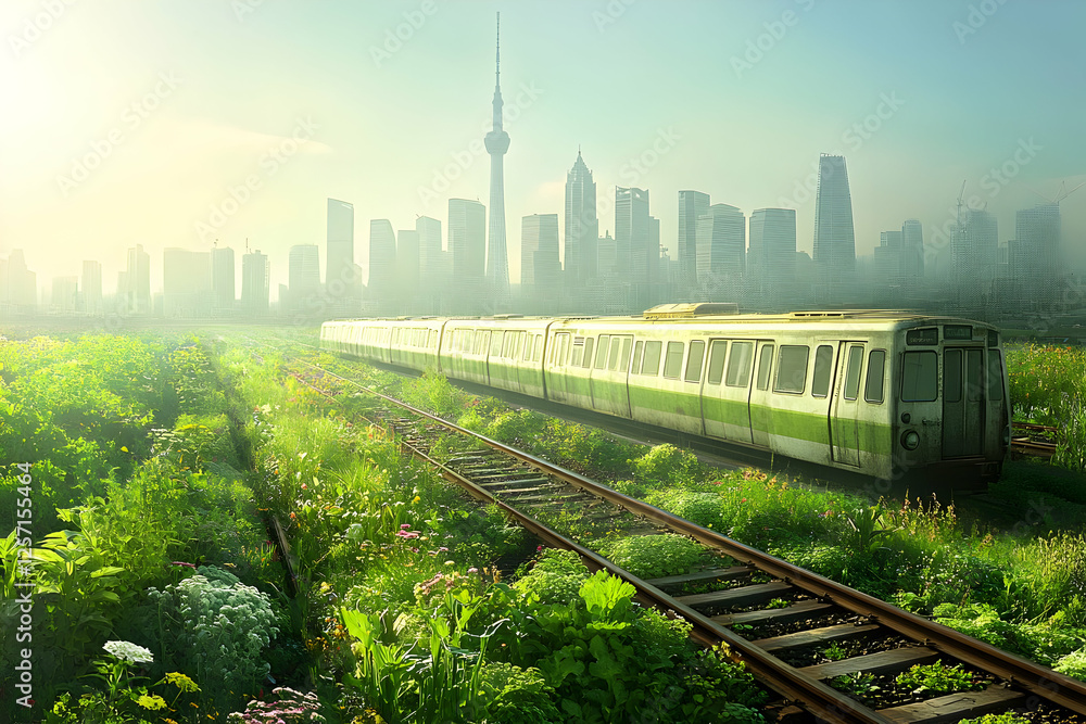 Naklejka premium City train, sunrise, green field, urban nature