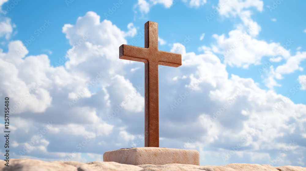 weathered iron cross stands against blue sky with clouds weathered iron cross stands against blue sky with clouds