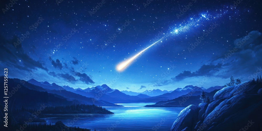 Fototapeta premium Night Sky Meteor Over Mountain Lake Landscape