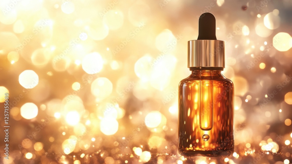 Beautiful amber dropper bottle glowing with golden bokeh lights in a soft, warm atmosphere Beautiful amber dropper bottle glowing with golden bokeh lights in a soft, warm atmosphere