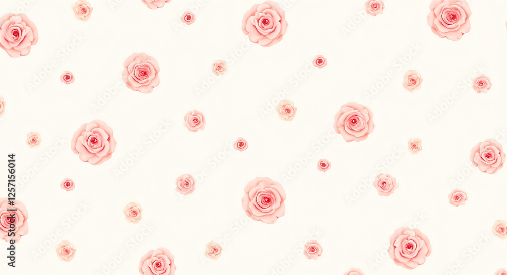 Pattern of pink roses of varying sizes scattered across a light cream background Pattern of pink roses of varying sizes scattered across a light cream background