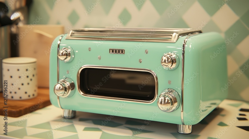 Fototapeta premium A small retro toaster oven with chrome knobs and a curved glass door.