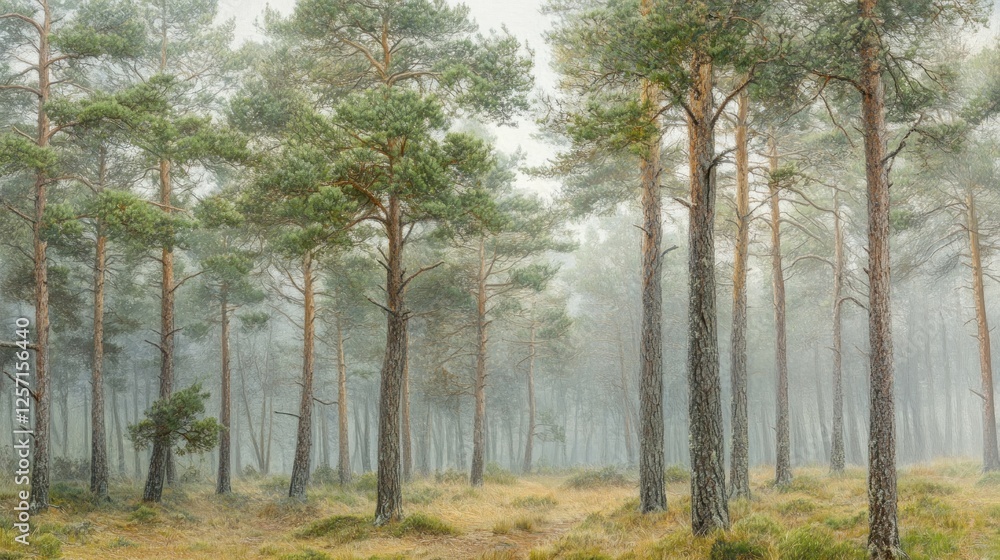 Misty forest scene featuring tall pine trees and dense fog Misty forest scene featuring tall pine trees and dense fog