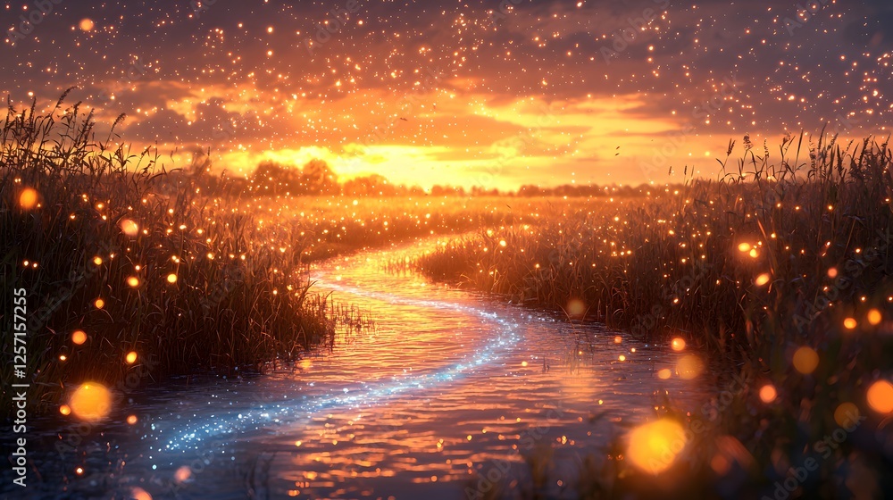 Fototapeta premium Magical Sunset Landscape Serene River Firefly Lights and Golden Grassland at Dusk