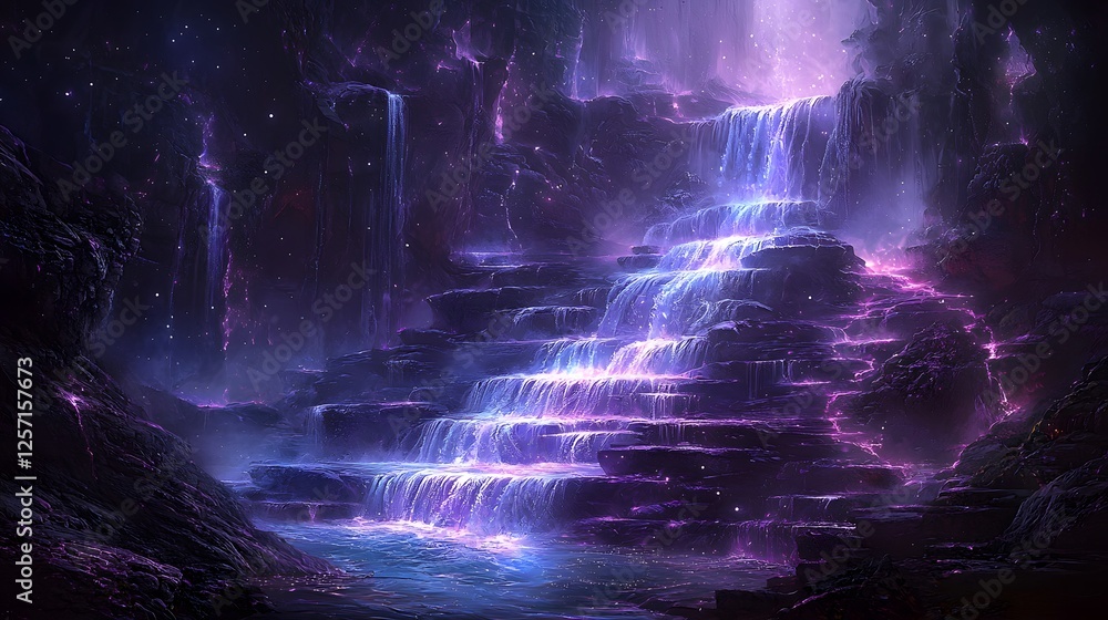 Obraz premium Enchanting Purple Waterfall Cascade in Mystical Fantasy Cave Landscape