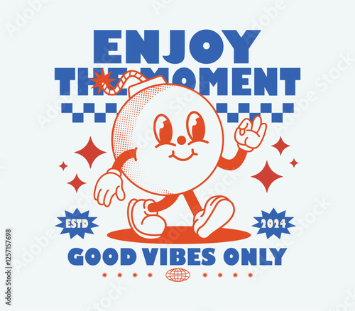 enjoy the moment slogan with bomb mascot character in vintage style for t shirt, sticker, poster, print design and other uses