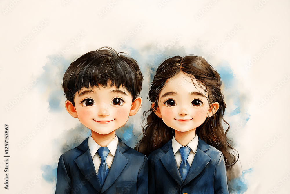 Asian Boy and girl students in school uniforms smiling at a camera, with a playful and bright feel, water color illustration Asian Boy and girl students in school uniforms smiling at a camera, with a playful and bright feel, water color illustration