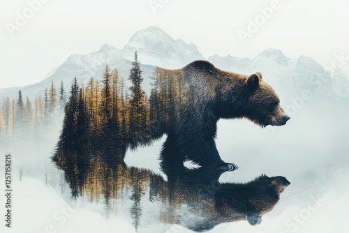 Double Exposure of a Majestic Bear Silhouette Blending with Serene Mountain Landscape and Pine Forest Reflection