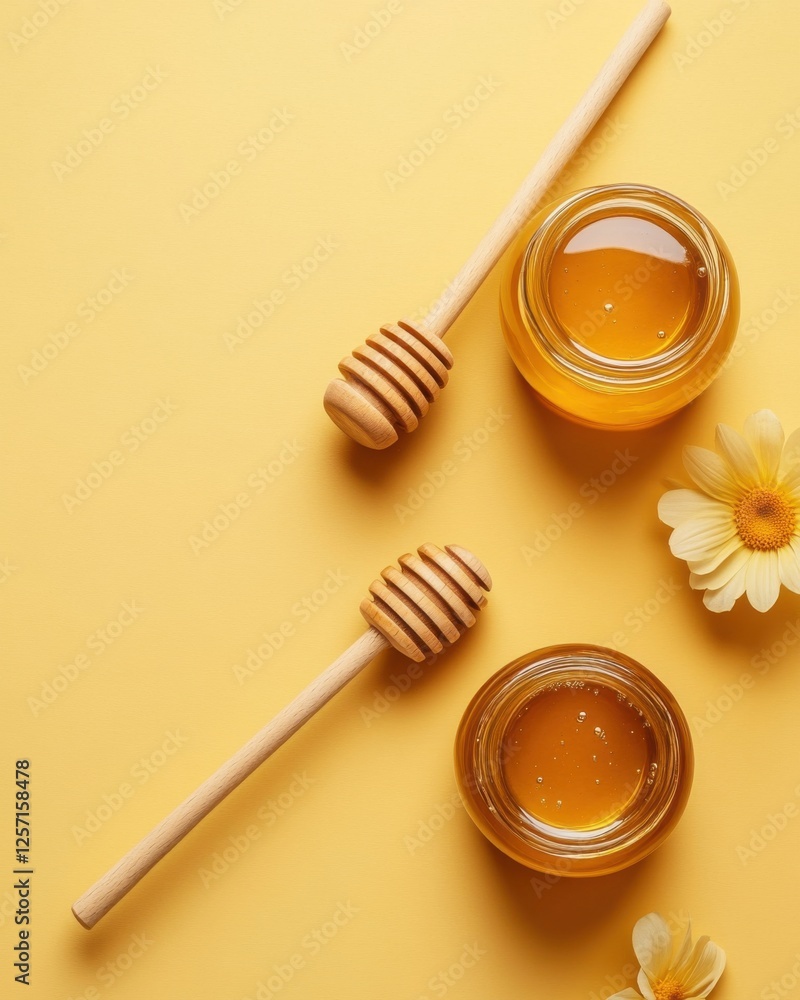 Four Small Honey Jars with Wooden Spoons and Dried Flowers Four Small Honey Jars with Wooden Spoons and Dried Flowers