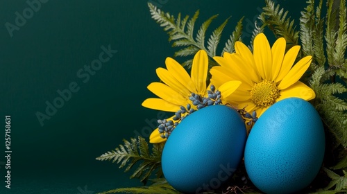 A vibrant arrangement of blue eggs and yellow flowers styled against a dark forest green background for a natural feel. photo