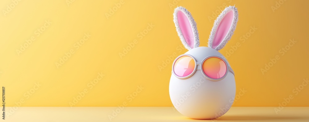 Obraz premium A whimsical egg with bunny ears and goggles, styled against a pastel yellow background with a hint of neon orange glow.