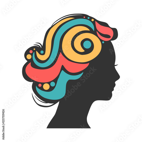 Stylized silhouette featuring an intricate and vibrant colorful hair design concept. Avatar profile sign decorated by ornamental pattern. Young woman face side view icon.