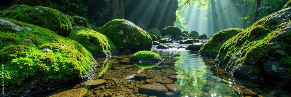 Fototapeta premium Moss blankets ancient stones beneath gentle water, green, limestone, nature