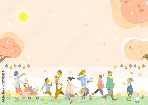 People enjoying cherry blossom viewing Stylish Japanese-style background material